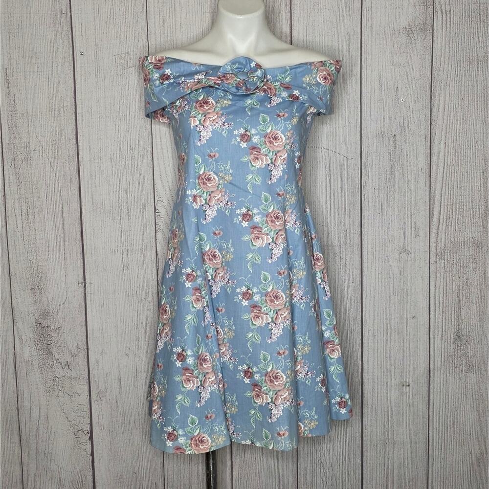 VTG 50s Inspired Blue Floral Off Shoulder Dress, Knot Neckline Fit & Flare, sz M